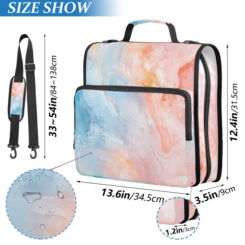 Waterproof 3-Ring Zipper Binder with Shoulder Strap for 500 Sheets - Soft Blue Pink Marble