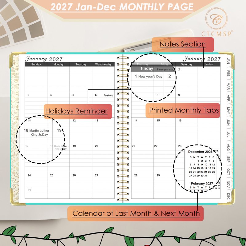 2027 Weekly Monthly Planner Calendar Notebook 6.3x8.5 Inches Hardcover Schedule