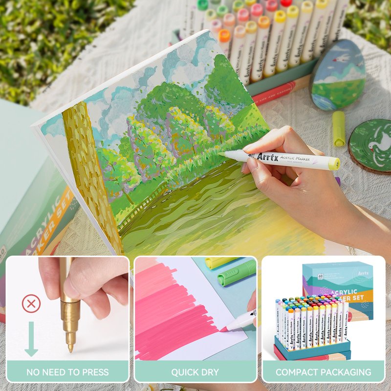 Acrylic Paint Markers Set of 60 - Water-Based, Quick Dry, Waterproof for Art & DIY