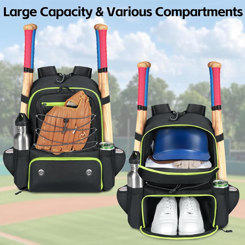 Youth Baseball Backpack with 4 Bats Holder, Shoe Compartment & Fence Hook