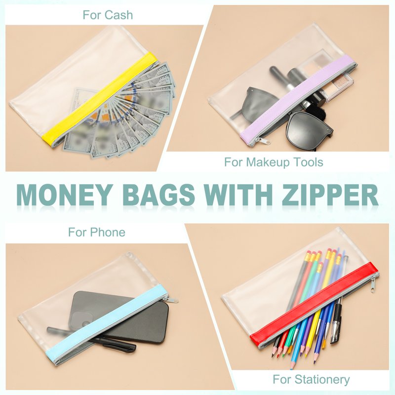8.5x4 Inch Waterproof PVC Money Bags with Zipper - 8 Pack Clear Cash Deposit Pouches for Coins, Checks, Cosmetics, and Documents