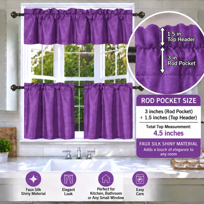 Faux Silk Blackout Kitchen Curtain Set - 3-Piece Window Treatment with Valance