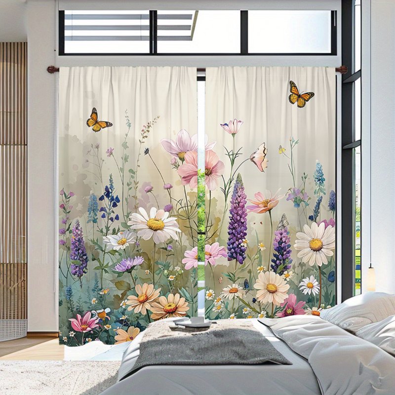 Rustic Wildflower & Weed Light-Filtering Curtains Set of 2 for Bedroom & Living Room