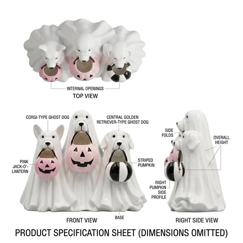 Halloween Ghost Dogs Figurine with Pumpkin Candy Bowl - Indoor & Outdoor Safe Ceramic Decor