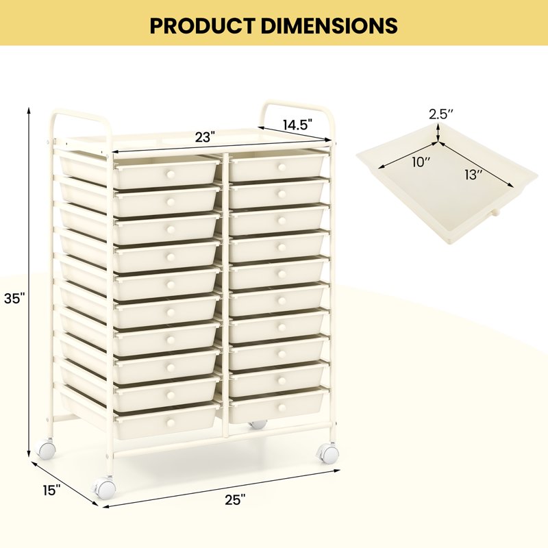 20-Drawer Rolling Storage Cart for Art Craft Organization White