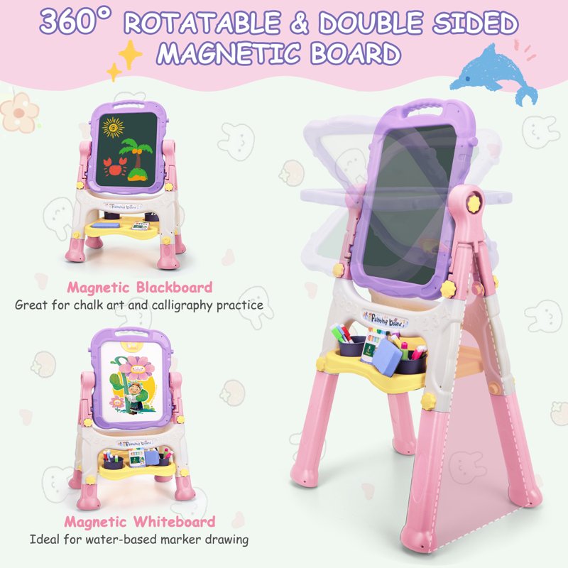 Kids Adjustable Art Easel with Whiteboard & Chalkboard - Toddler Drawing Gift