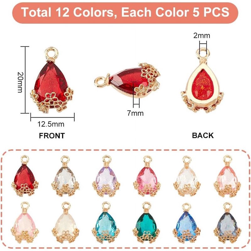 60pcs Teardrop Charms for Jewelry Making - 12 Colors Faceted Glass Pendants 20x12.5mm