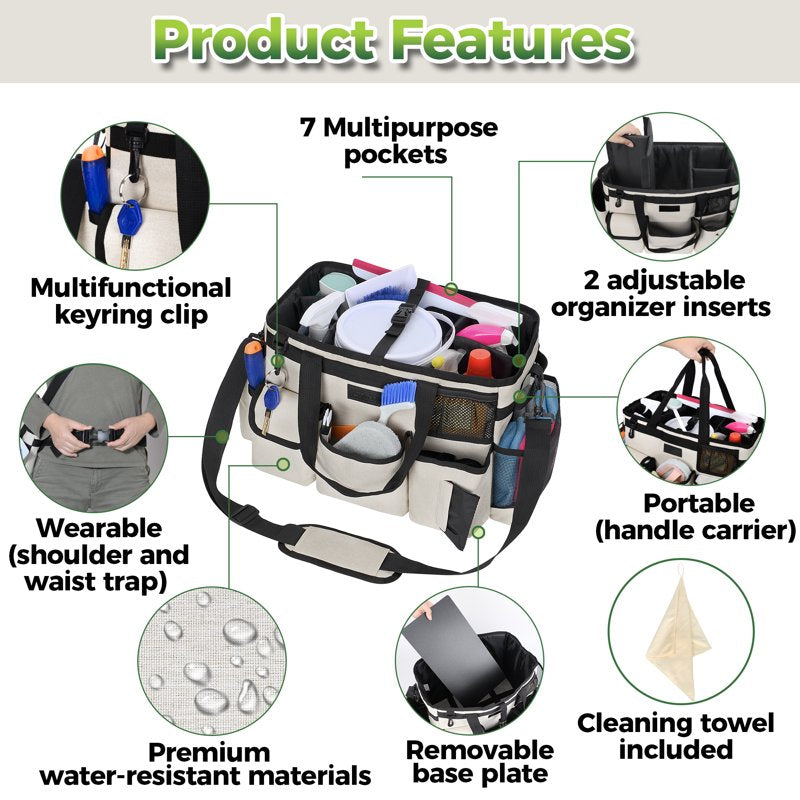 Portable Cleaning Caddy Organizer with Handles & Straps, Water-Resistant Beige