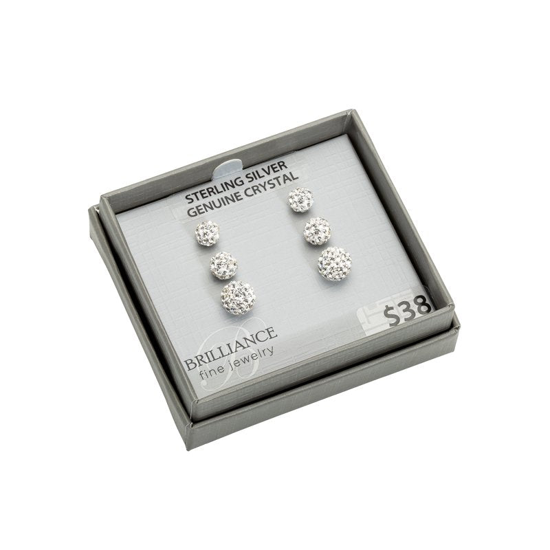 Sterling Silver Crystal Ball Stud Earrings Set - 3 Sizes for Women