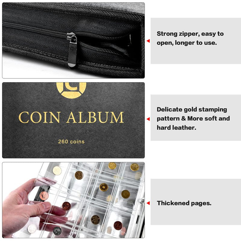 Black Coin Collection Album with 260 Pockets - Durable Display & Storage Book