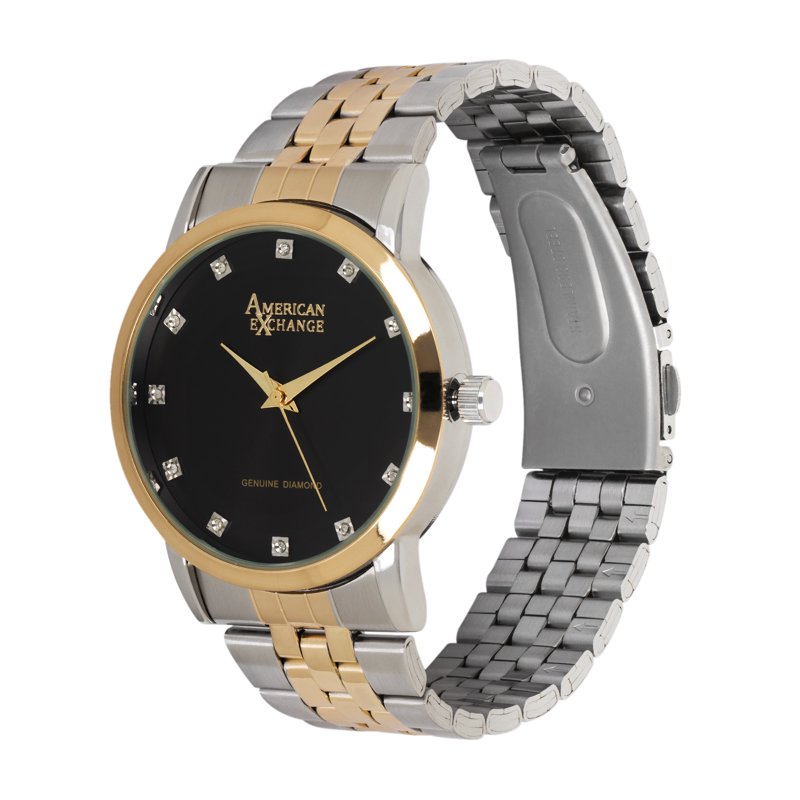 Men's Quartz Watch with Genuine Diamonds, Black Dial Two-Tone Metal Band