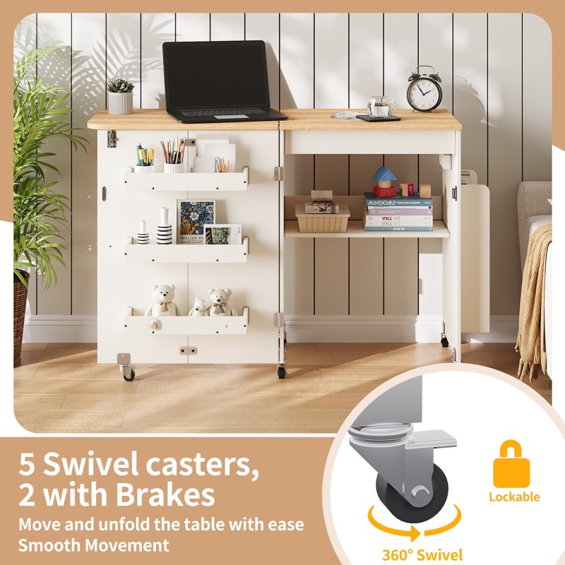 Foldable Sewing Table with Storage and Power Outlet — Space-Saving Craft Desk