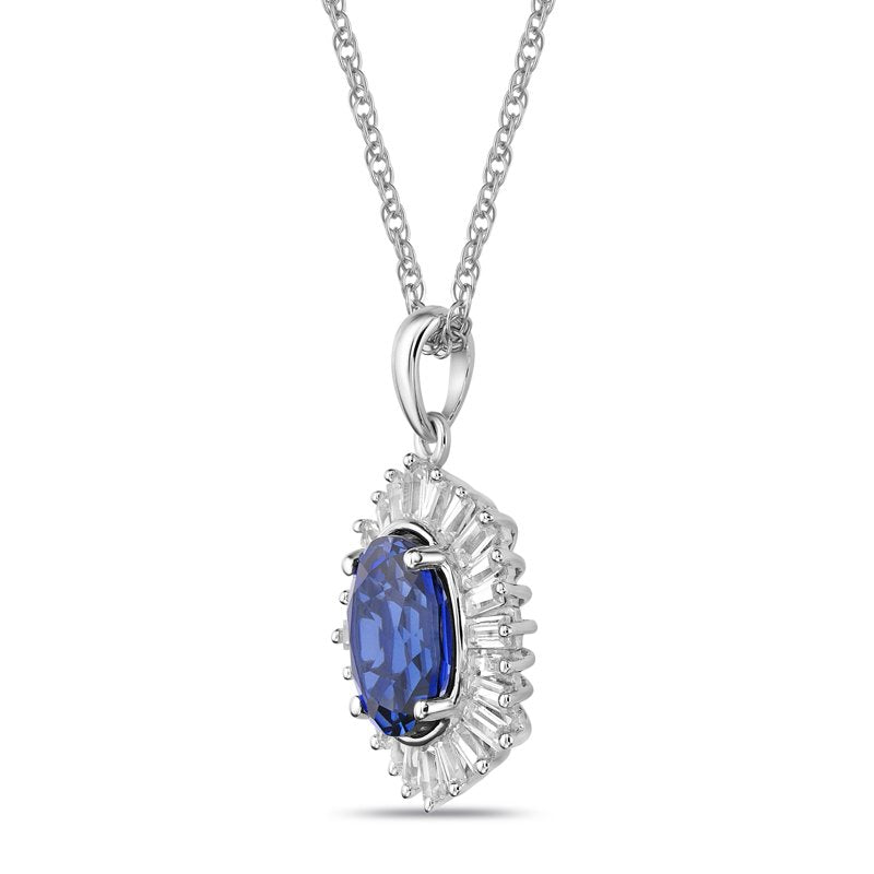 Blue Sapphire Pendant with CZ Halo on 18-Inch Chain - Sterling Silver Jewelry