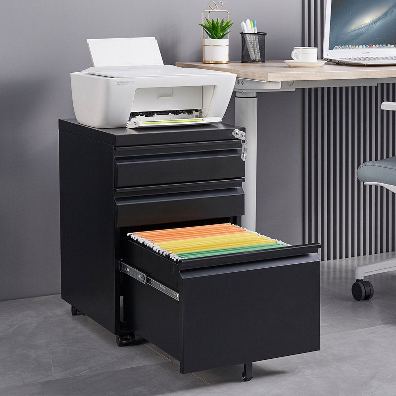 Lockable 3-Drawer Metal Filing Cabinet for Office Storage - Under Desk Mobile Filing Cabinet with Anti-Tilt Casters