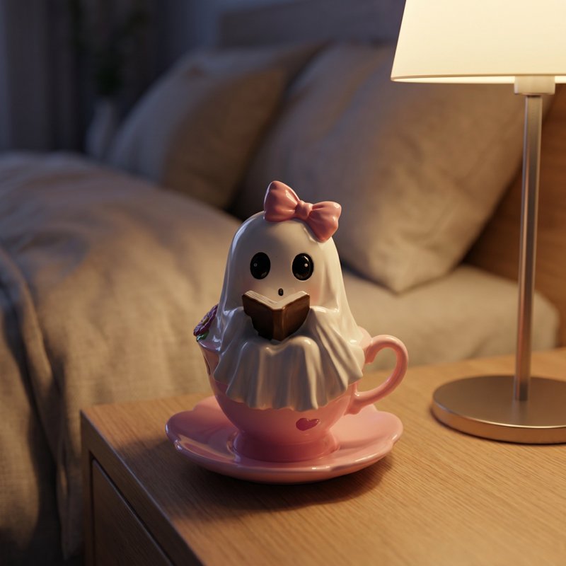 Halloween Ghost Figurine with Heart Floral Teacup - Halloween Table Decor, Small Resin Ornament