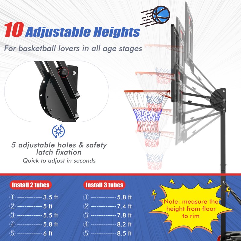 Portable Adjustable Basketball Hoop System 5-10 FT with Base & Wheels