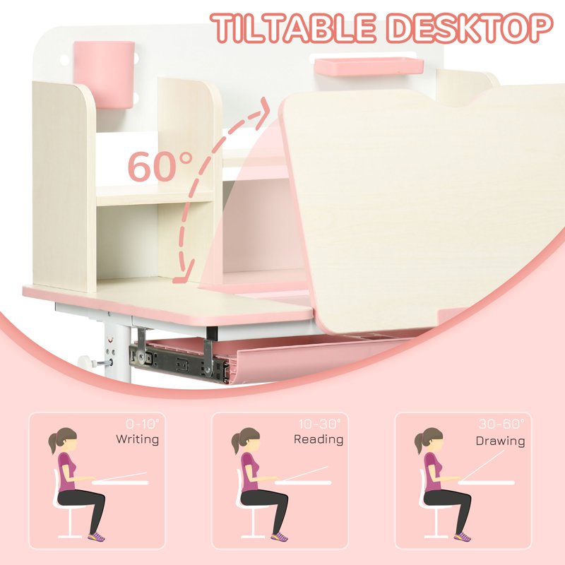 Height Adjustable Kids Desk with Storage & Tilt-Top Surface - Pink