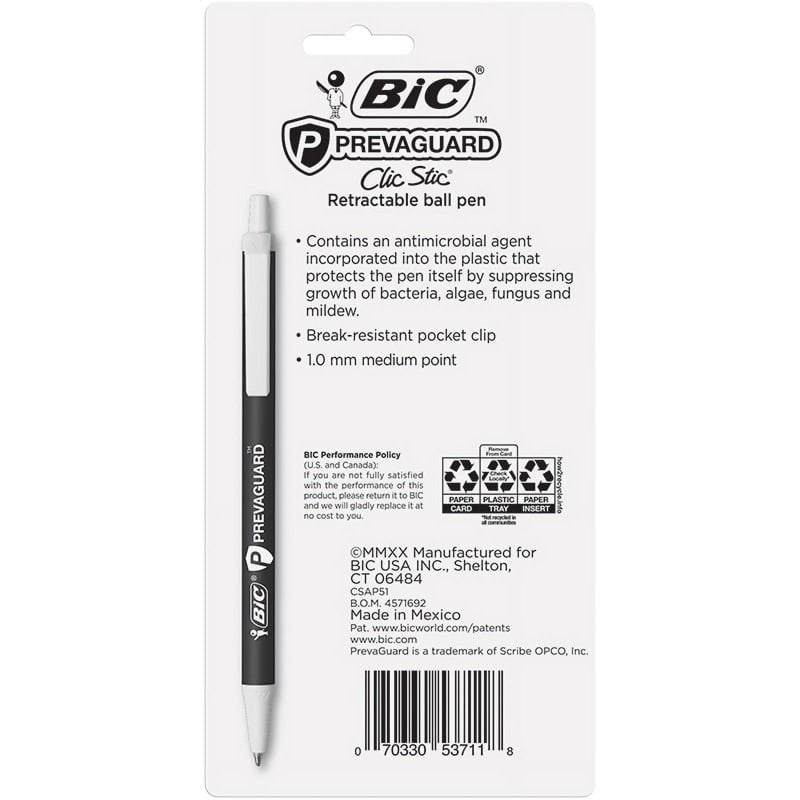 BIC Prevaguard Ballpoint Pens 5-Pack - Antimicrobial Protection, Medium Point