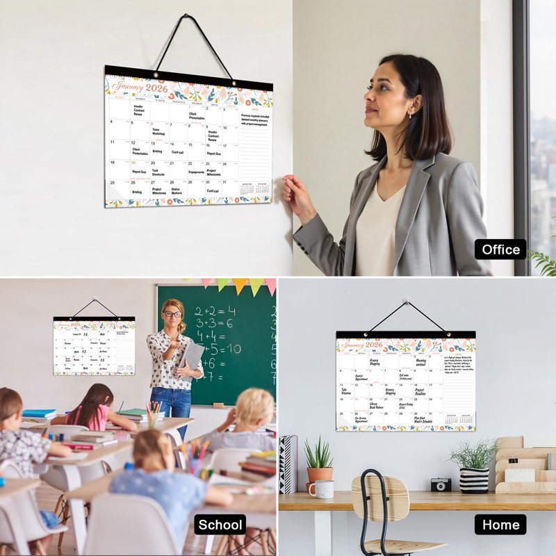 Horizontal Wall Calendar 2026 Floral Pattern Large Weekly Organizer