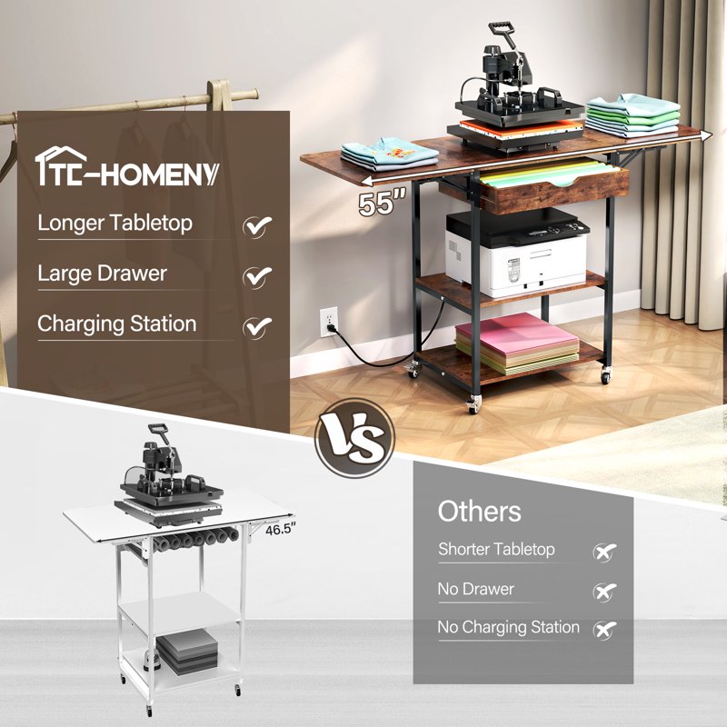 Foldable Heat Press Machine Stand with Charging Station and 3-Tier Storage