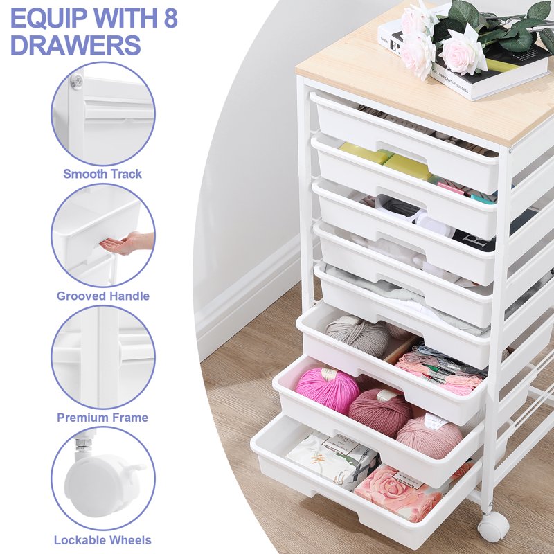 Rolling Drawer Storage Cart with 8 Removable Drawers and Wooden Top