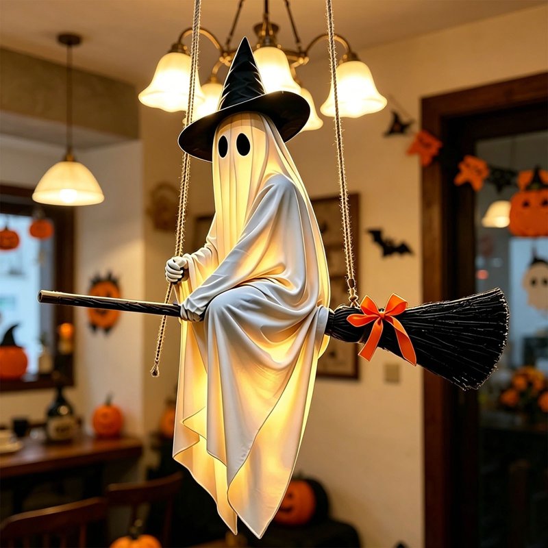 Lighted Flying Ghost Halloween Decoration for Outdoor & Indoor Use - 5 Ft Spooky Ghost with Witch Hat & Broomstick