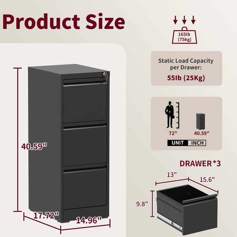 3-Drawer Metal File Cabinet with Lock for Office & Home Storage - Black