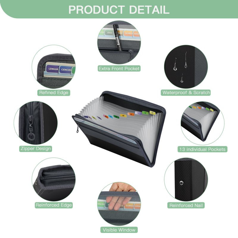 Accordion File Organizer with Zipper - 13-Pocket Waterproof Document Bag for Office & Home