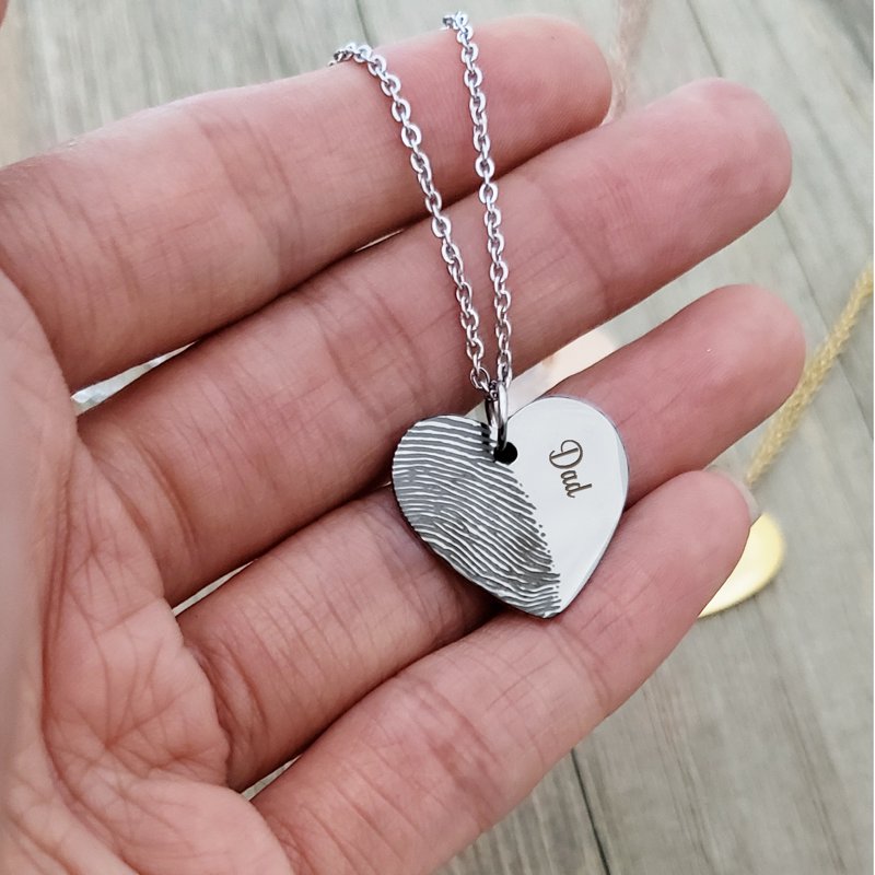 Personalized Fingerprint Necklace Memorial Keepsake Stainless Steel Engraved Heart Pendant