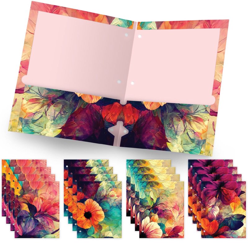 16 Pack Designer Pocket Folders - Abstract Floral, Marble, Sunflower Patterns