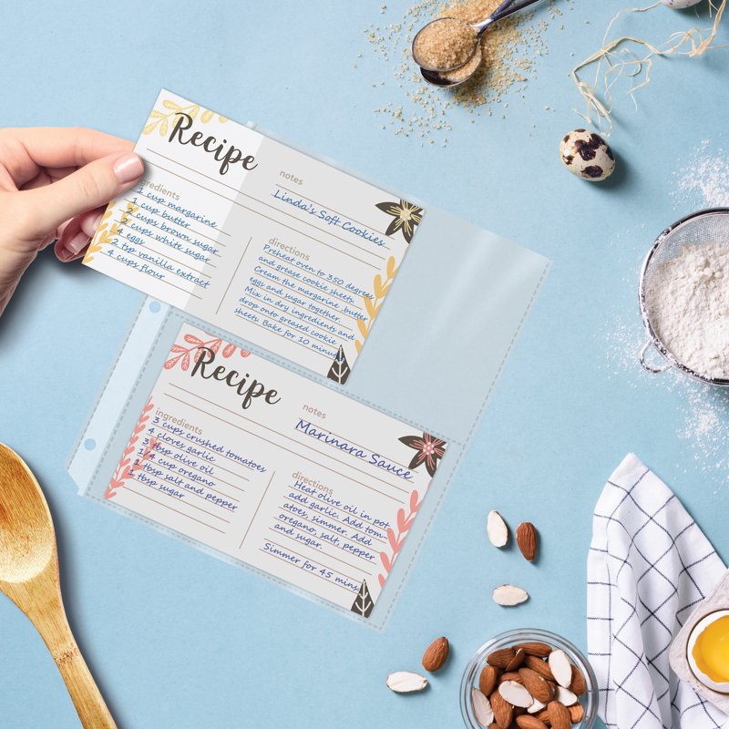 Recipe Card Page Protectors 50 Count - Clear 4x6 Inch Sheets for Binders
