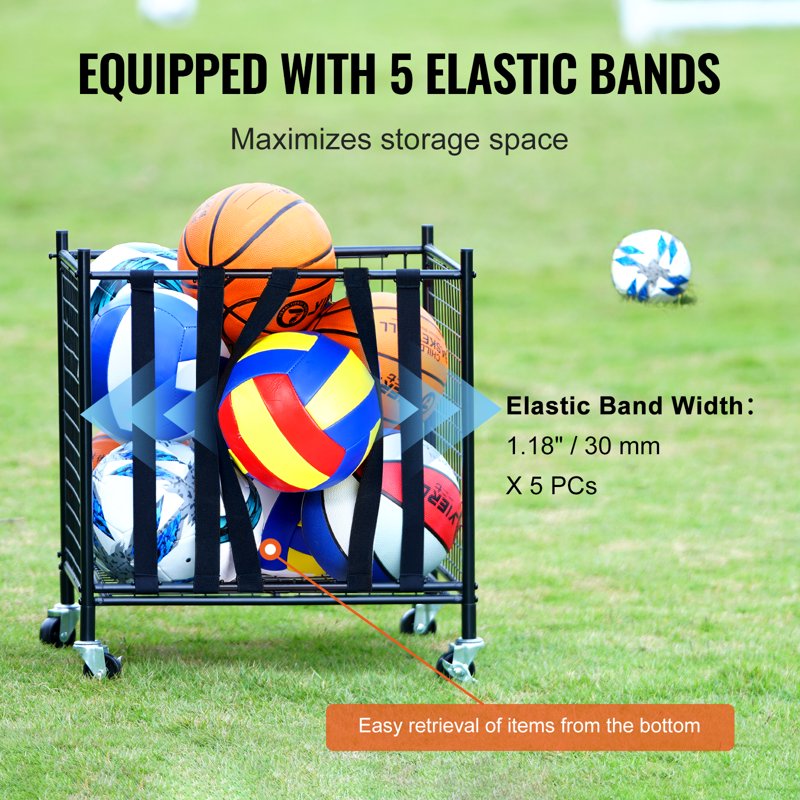 Sports Ball Storage Cart with Steel Frame, 4 Swivel Wheels & Elastic Door