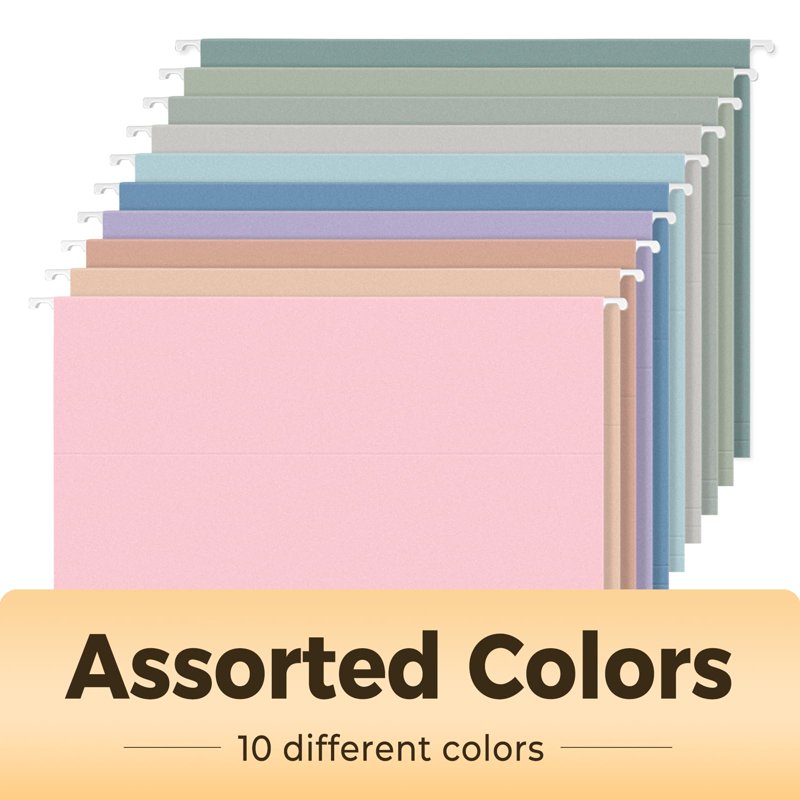 50 Pack Hanging File Folders with 1/5-Cut Tabs - Pastel Colors for Office & Home Organization
