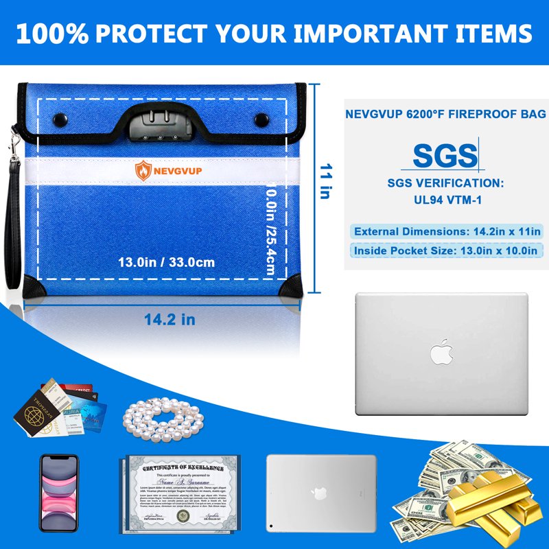 Fireproof Document Bag with Lock 6200°F Heat Insulation 14.2x11 Inches