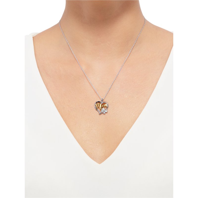 Sterling Silver 'Mom' Heart Pendant with Opal and Diamond Accent - 18" Necklace