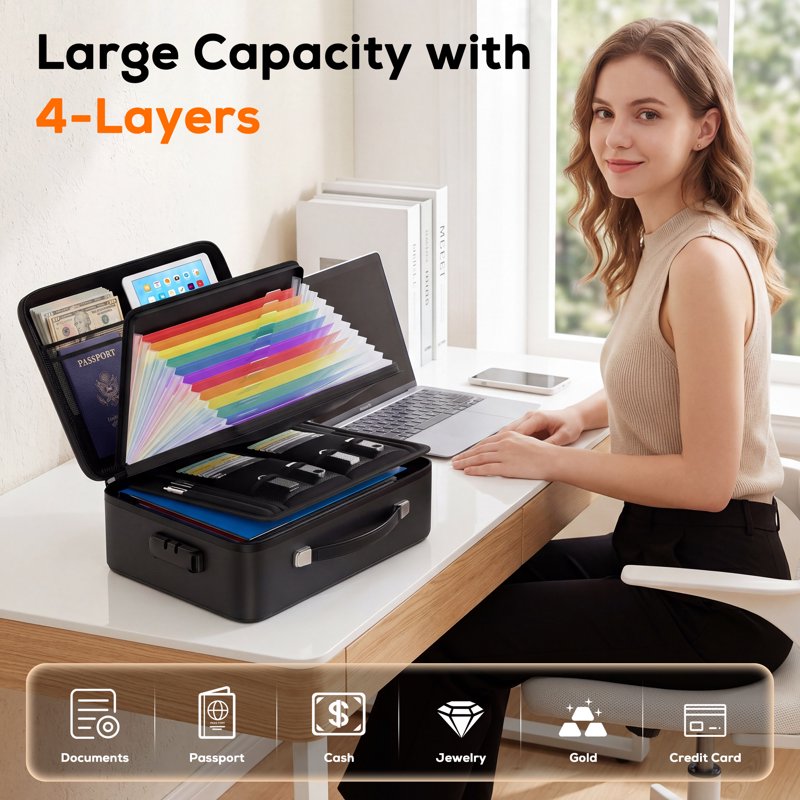 Fireproof Document Safe Box with Lock Waterproof Hard Shell for Important Documents and Laptops