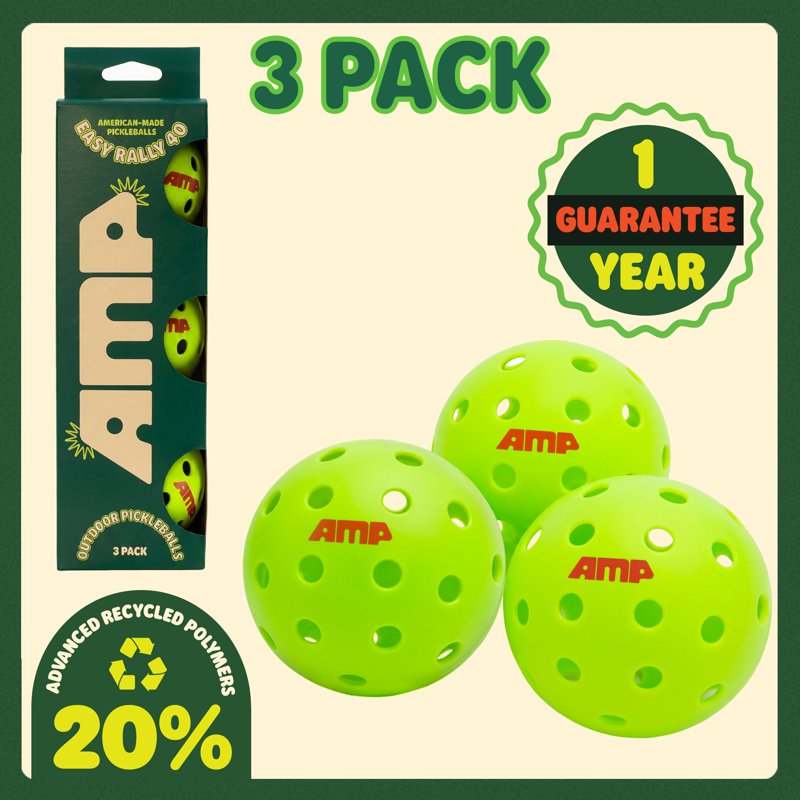 3-Pack AMP Easy Rally 40 Outdoor Pickleballs - Neon Yellow-Green, 40-Hole