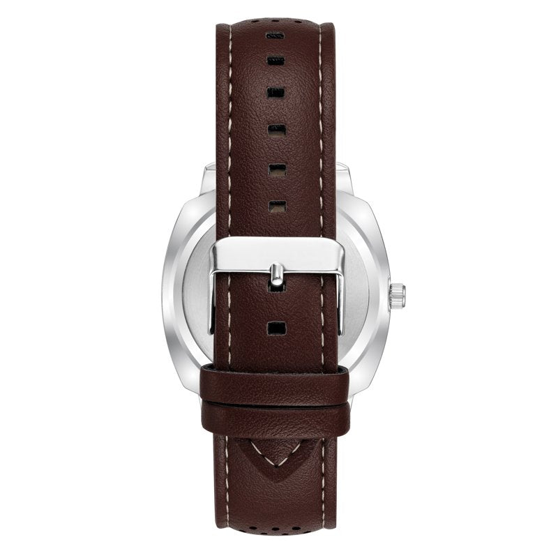 Men's Silver-Tone Leather Strap Watch with Blue Dial and Sporty Design