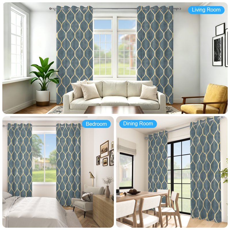 Blackout Grommet Curtains with Geometric Gold Design - Insulated Room Darkening Drapes