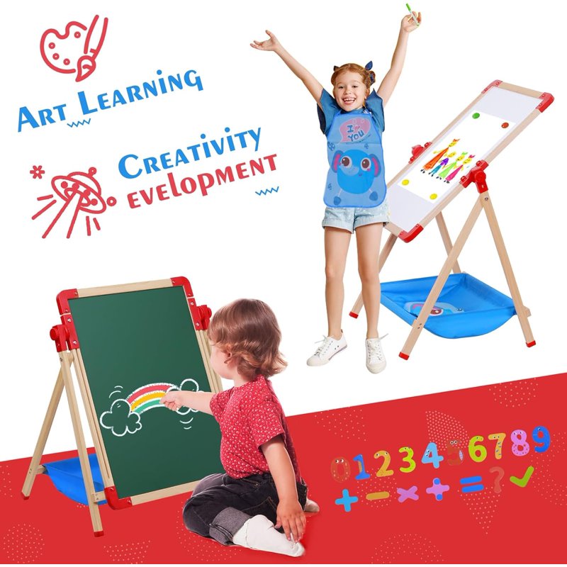 Kids Art Easel with Magnetic Double-Sided Chalkboard and Accessories - Adjustable & Stable for Toddlers 2-6 Years