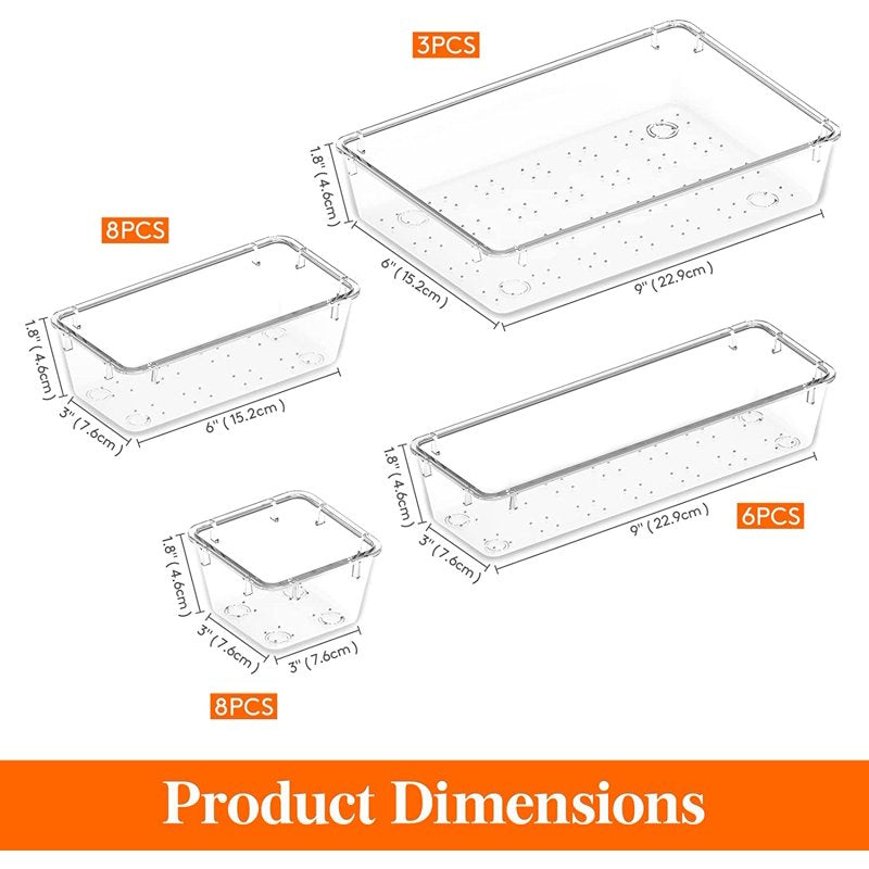 25 Pack Clear Plastic Drawer Organizers for Office and Home Storage