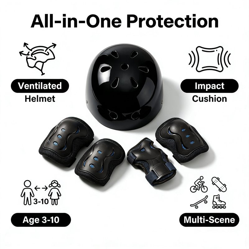 Kids Bicycle Helmet with Knee, Elbow & Wrist Pads - Ultralight Safety Gear Set