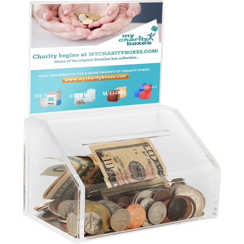 Small Clear Donation & Ballot Box with Lock & Sign Holder - Multiple Colors
