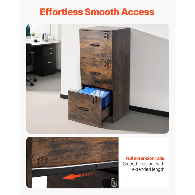 Lockable 3-Drawer File Cabinet - Vertical Office Storage with Adjustable Rod