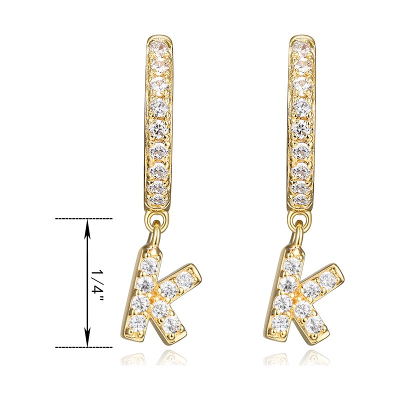 Gold Over Sterling Silver CZ Hoop Earrings with Initial Letter K