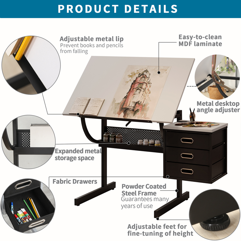 Adjustable Art Drafting Table with Storage Stool and 3 Drawers - White or Brown