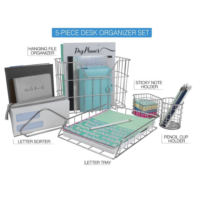 5-Piece Metal Desk Organizer Set - Silver Office Storage & Stationery Organizer