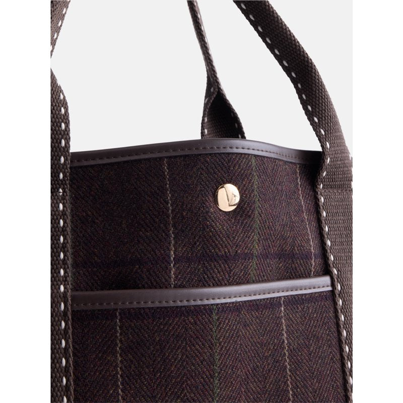 Women’s Plaid Medium Tote Handbag - Dark Brown Faux Leather Trim