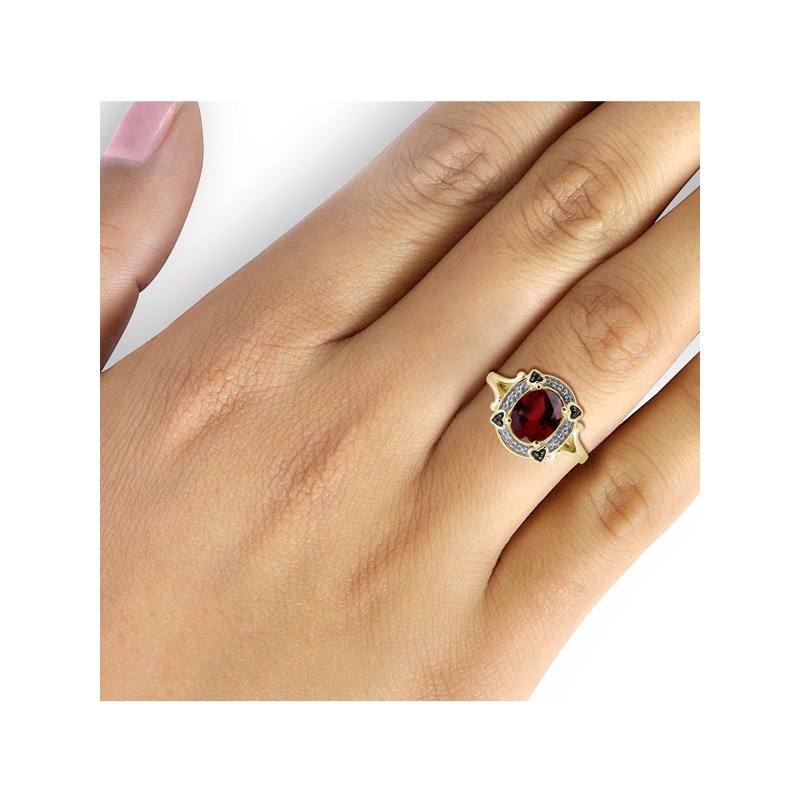 Genuine Garnet Cluster Ring with Black & White Diamonds - 14K Gold Plated Silver, Size 6