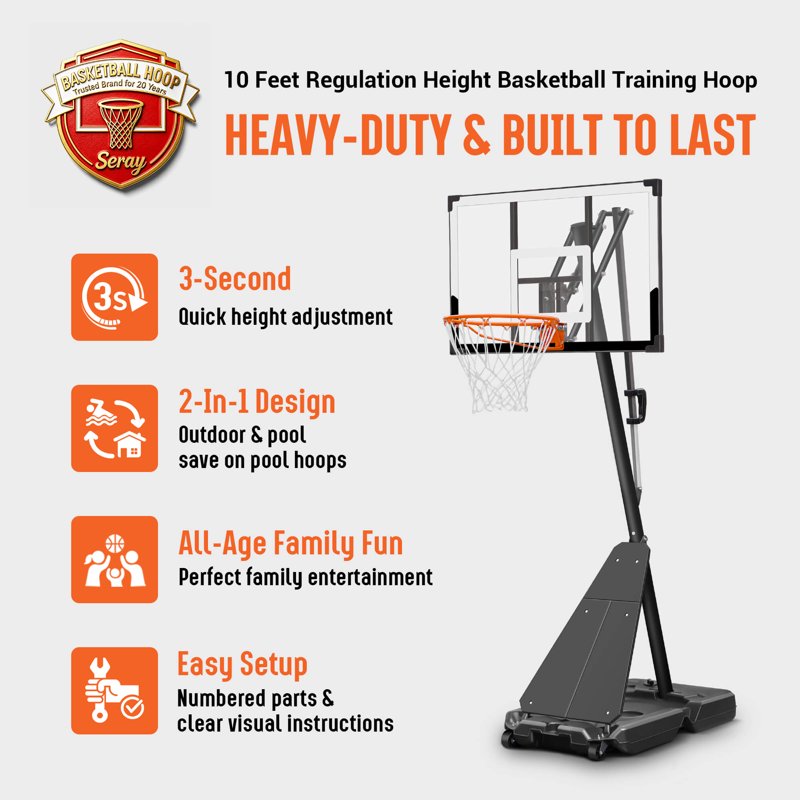 Adjustable Portable Basketball Hoop with 44-Inch Backboard for Indoor & Outdoor Play